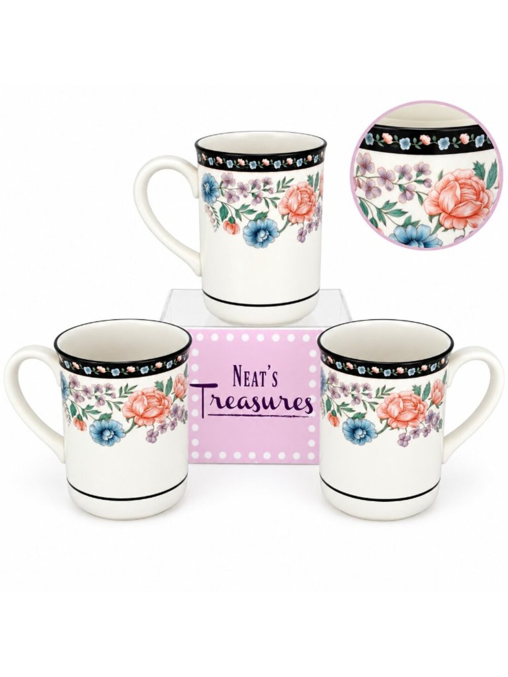 Sango CLAREMORE 8104 Elizabeth Gray Blue Pink Flower Black Trim 10oz Mugs Set 3